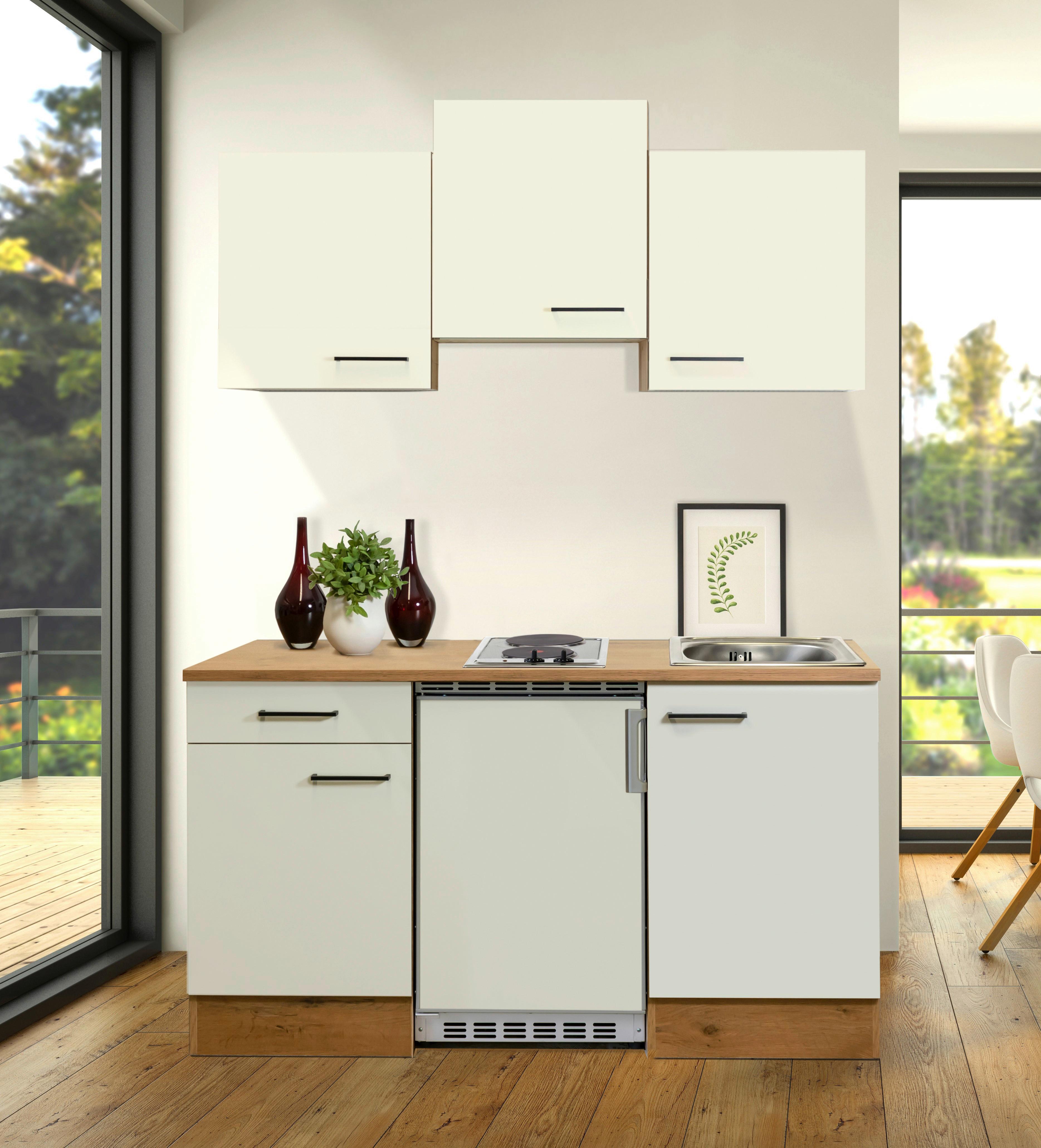 Minikuchyňa AVILA, š.150 cm vrát.spotrebičov a drezu - čierna/magnóliová, Basics, kov/kompozitné drevo (150,5cm) - FlexWell