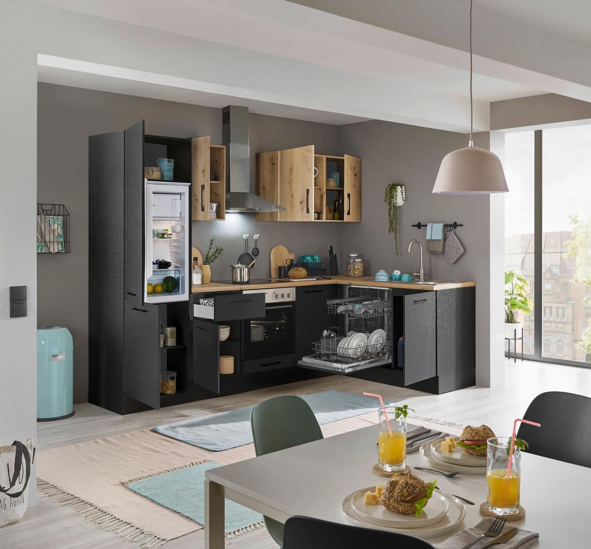 Eckküche Turin Schwarz/Eiche Dekor 280x175 cm - Schwarz/Eiche Artisan, Basics, Holzwerkstoff (280/175cm) - MID.YOU