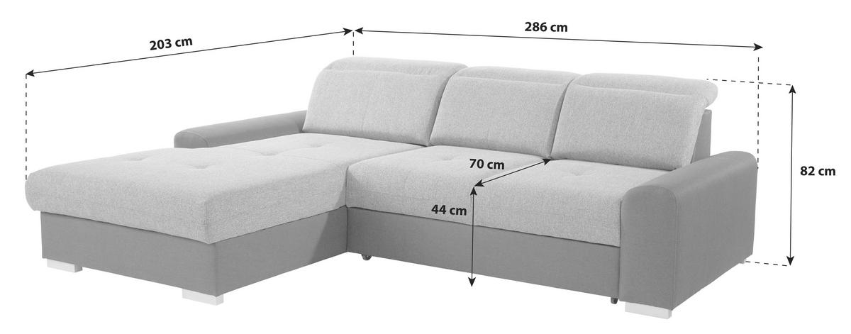Ecksofa mit Schlaffunktion + Bettkasten Malaga, Webstoff - Dunkelgrau/Silberfarben, KONVENTIONELL, Textil (203/286cm) - Ondega