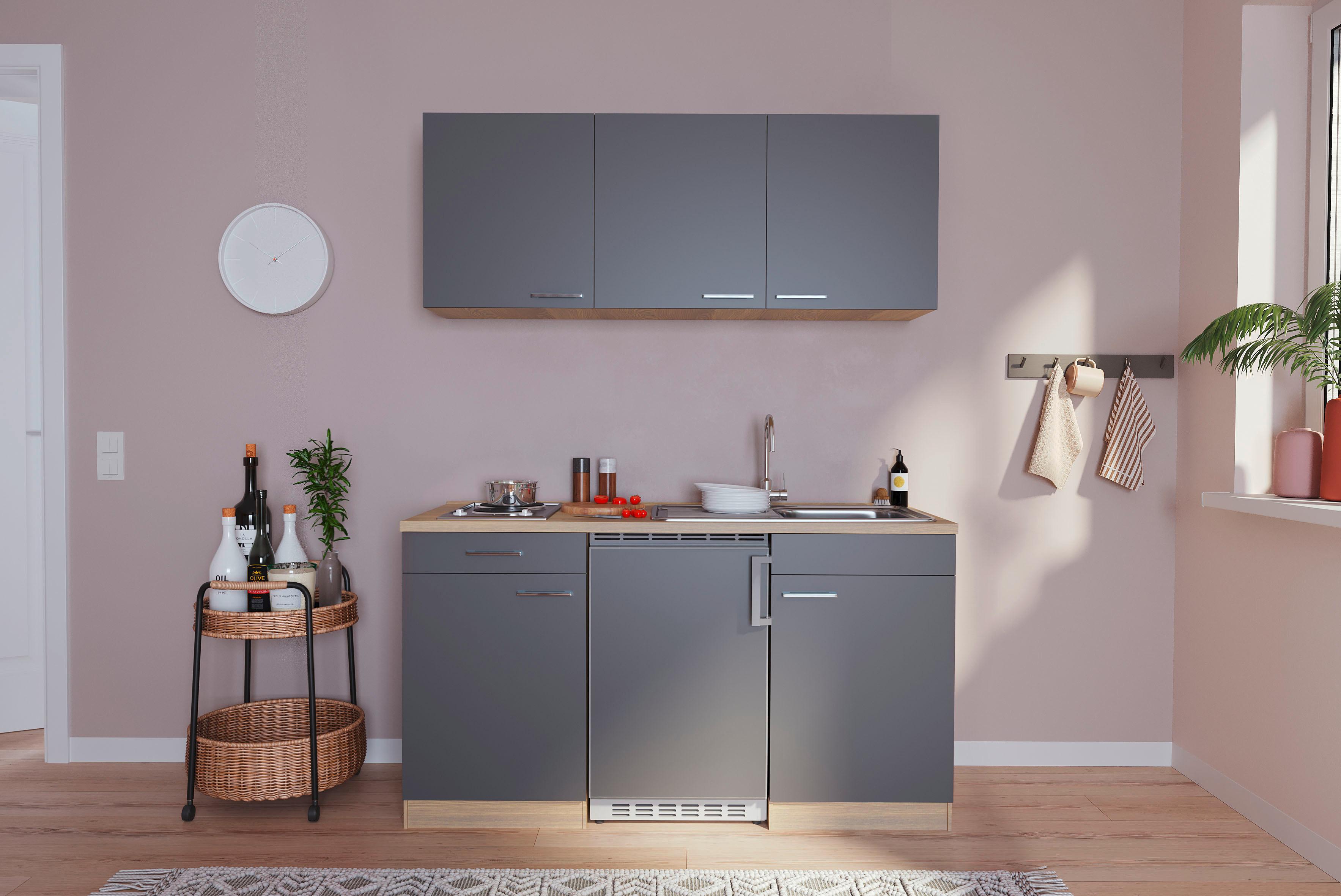 Miniküche mit Kühlschrank + Kochfeld 150 cm Grau/Eichef.