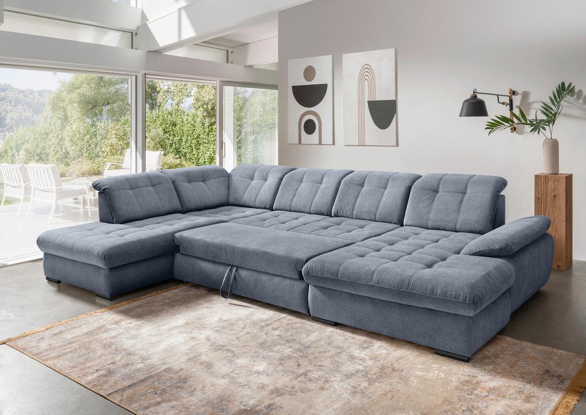 Wohnlandschaft mit Bettkasten Rigatti Hellblau B: 387 cm - Schwarz/Hellblau, MODERN, Textil (252/387/184cm) - Livetastic