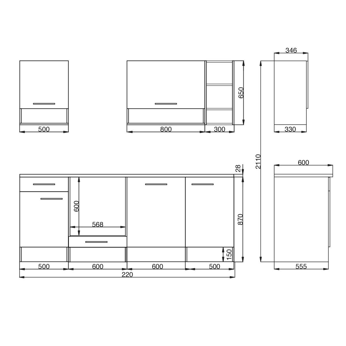 Küchenzeile mit Geräten 220 cm Grau/Eiche Dekor - Eichefarben/Grau, MODERN, Holzwerkstoff (220cm) - Respekta