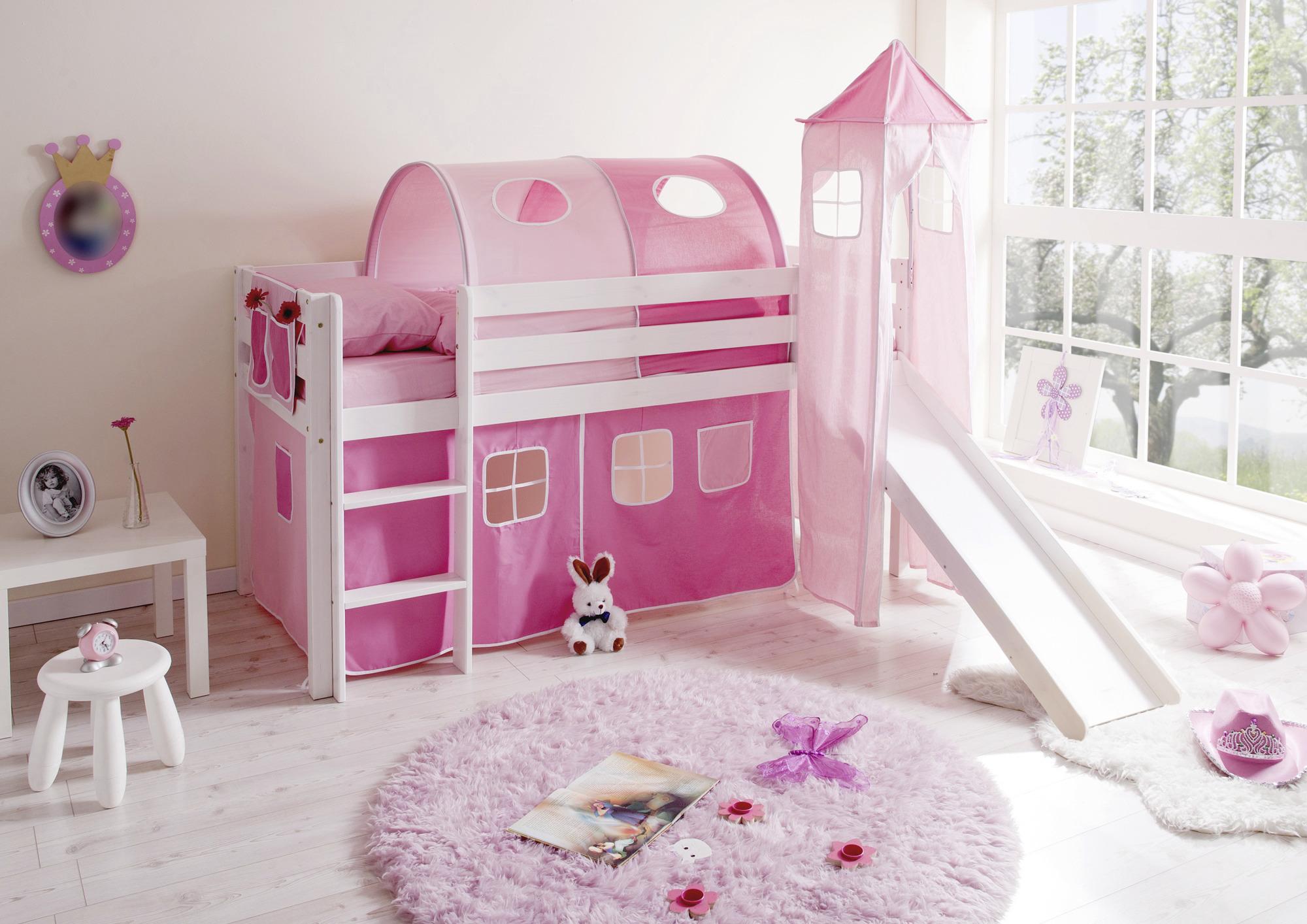 Spielbett Kasper Rosa/weiß Kiefer Massiv 90 Cm Rutsche - Hellrosa/Rosa, Natur, Holz (90/200cm) - MID.YOU