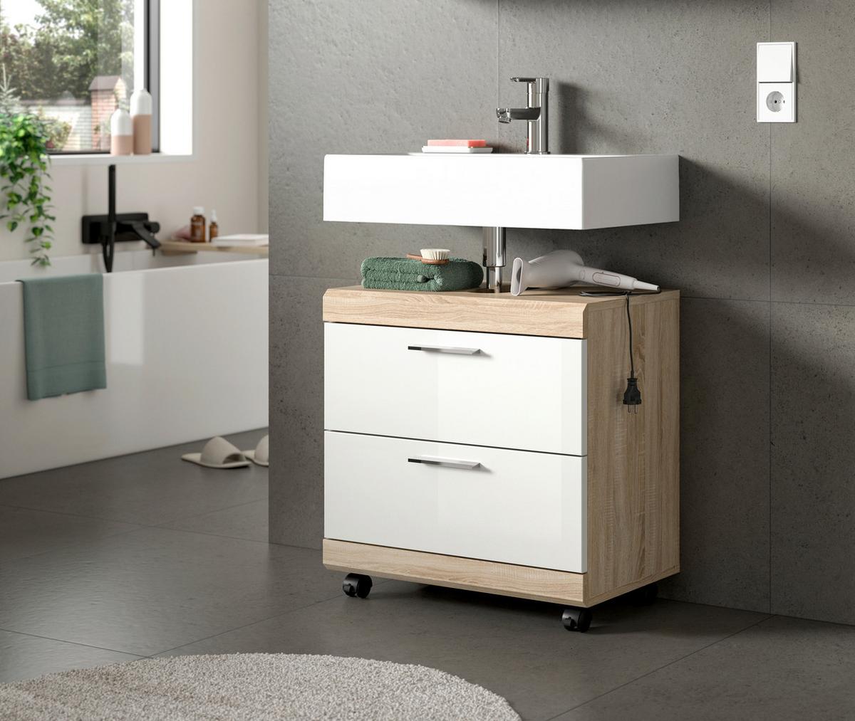 WASCHBECKENUNTERSCHRANK Eiche Dekor/Weiß B: 60cm - Weiß Hochglanz/Schwarz, Trend, Holzwerkstoff (60/60/34cm) - MID.YOU