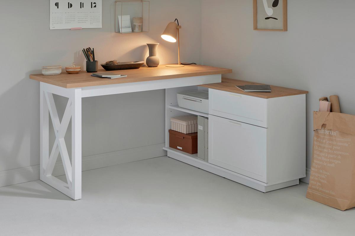 Eckschreibtisch mit Stauraum B 119 cm H 75 cm Chalet - Eichefarben/Weiß, KONVENTIONELL, Holzwerkstoff (150/119/75cm) - Livetastic
