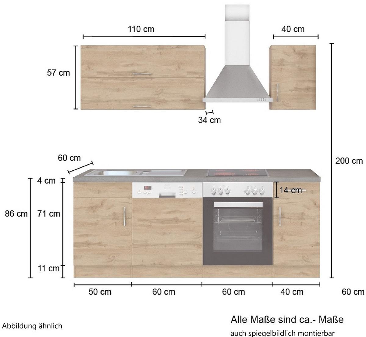 Küchenzeile Sorrento ohne Geräte B: 210 cm Anthrazit - Anthrazit/Eiche Wotan, MODERN, Holzwerkstoff (210cm) - Held