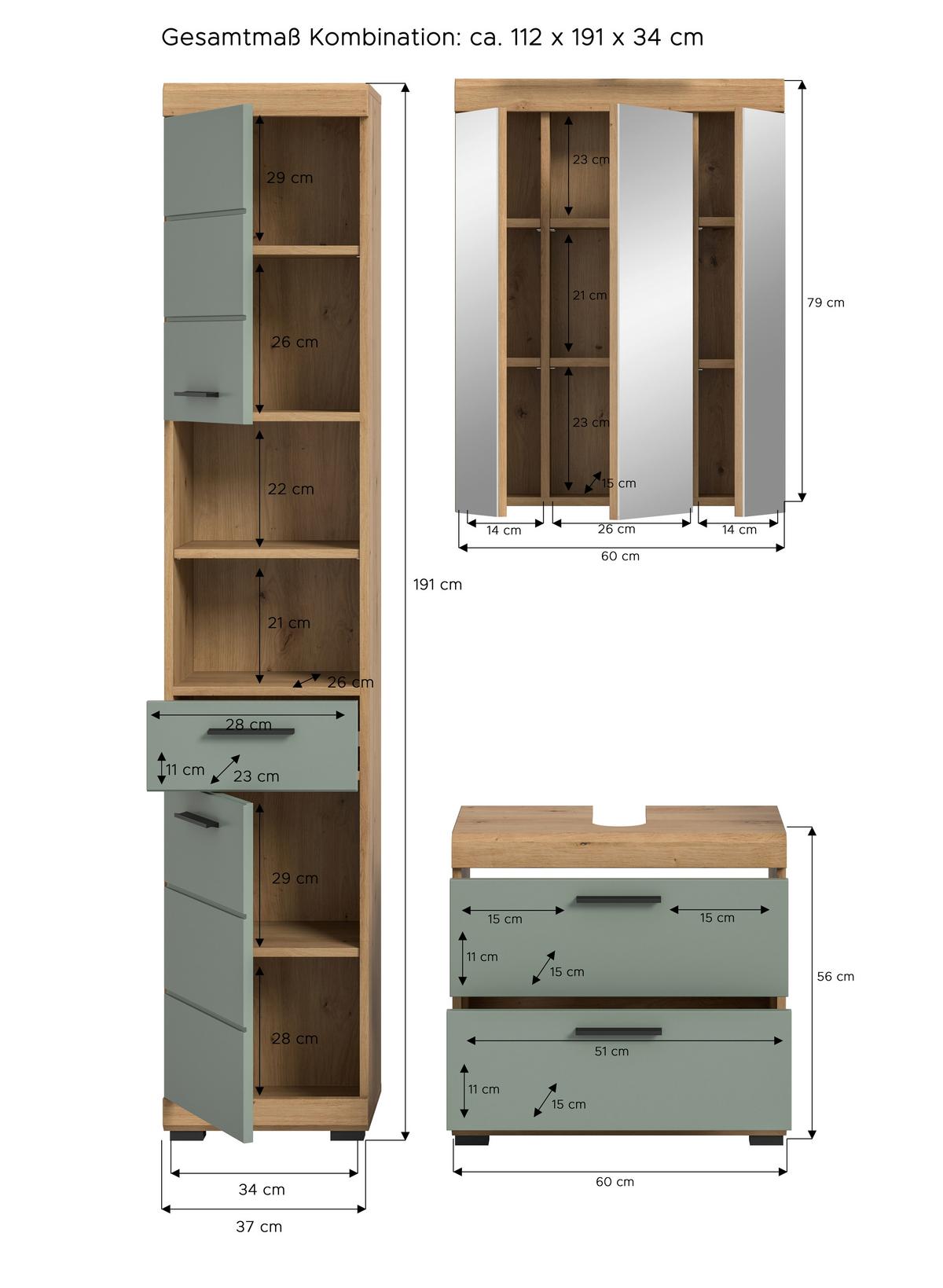 Badezimmer Scout Salbeigrün/eiche D. B: 97 Cm - Salbeigrün/Schwarz, MODERN, Glas/Holzwerkstoff (97cm) - MID.YOU