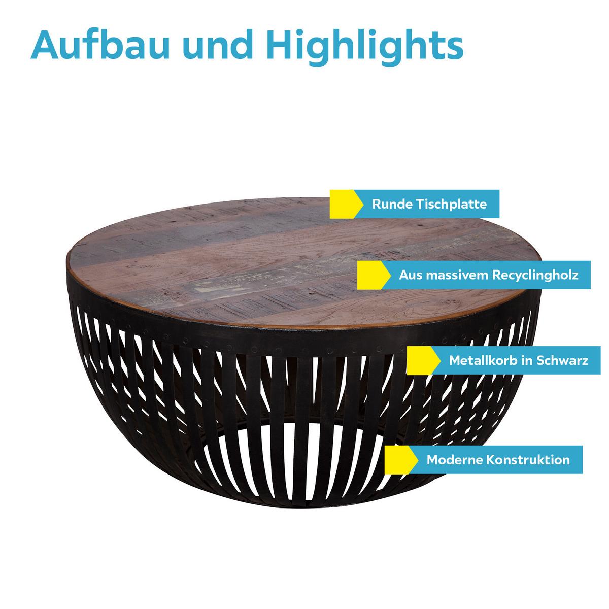 Couchtisch Rund mit Holzplatte Nisha, Recyclingholz Braun - Schwarz/Braun, Design, Holz/Metall (70/70/33cm) - MID.YOU