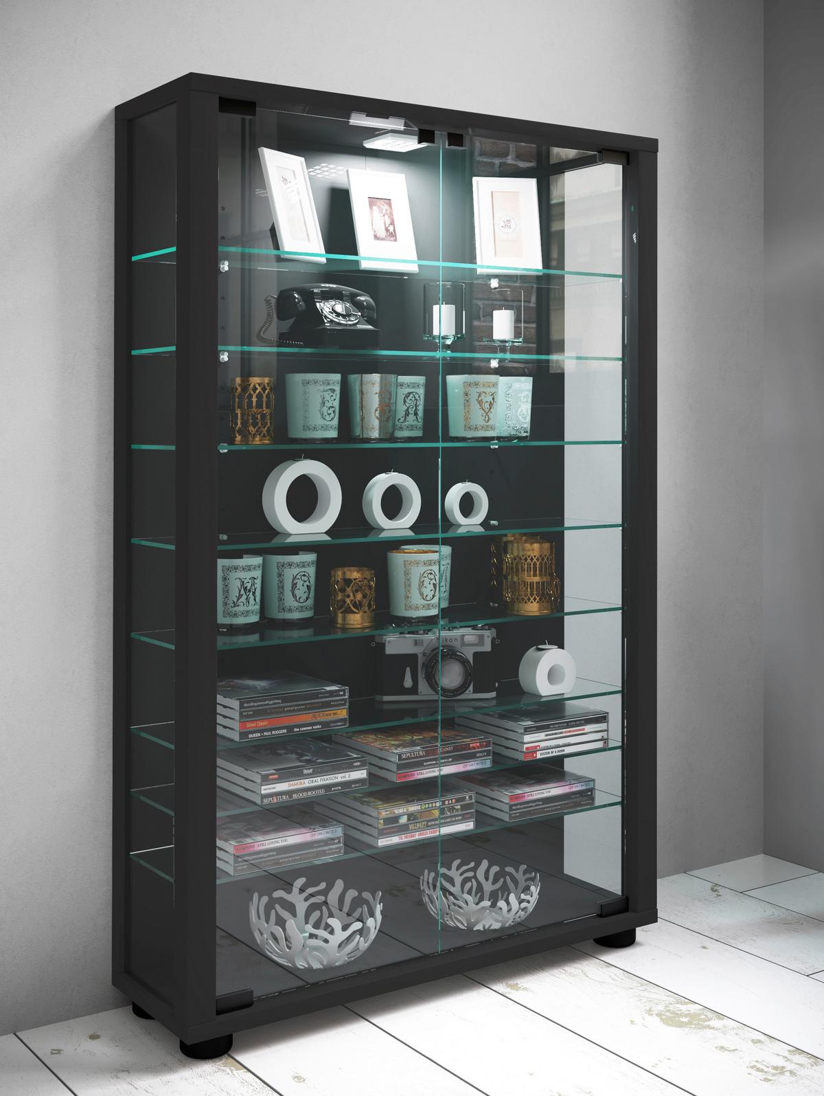 Vitrine Lumo Mini Schwarz - Transparent/Schwarz, Design, Glas/Holzwerkstoff (59/90/18cm) - MID.YOU
