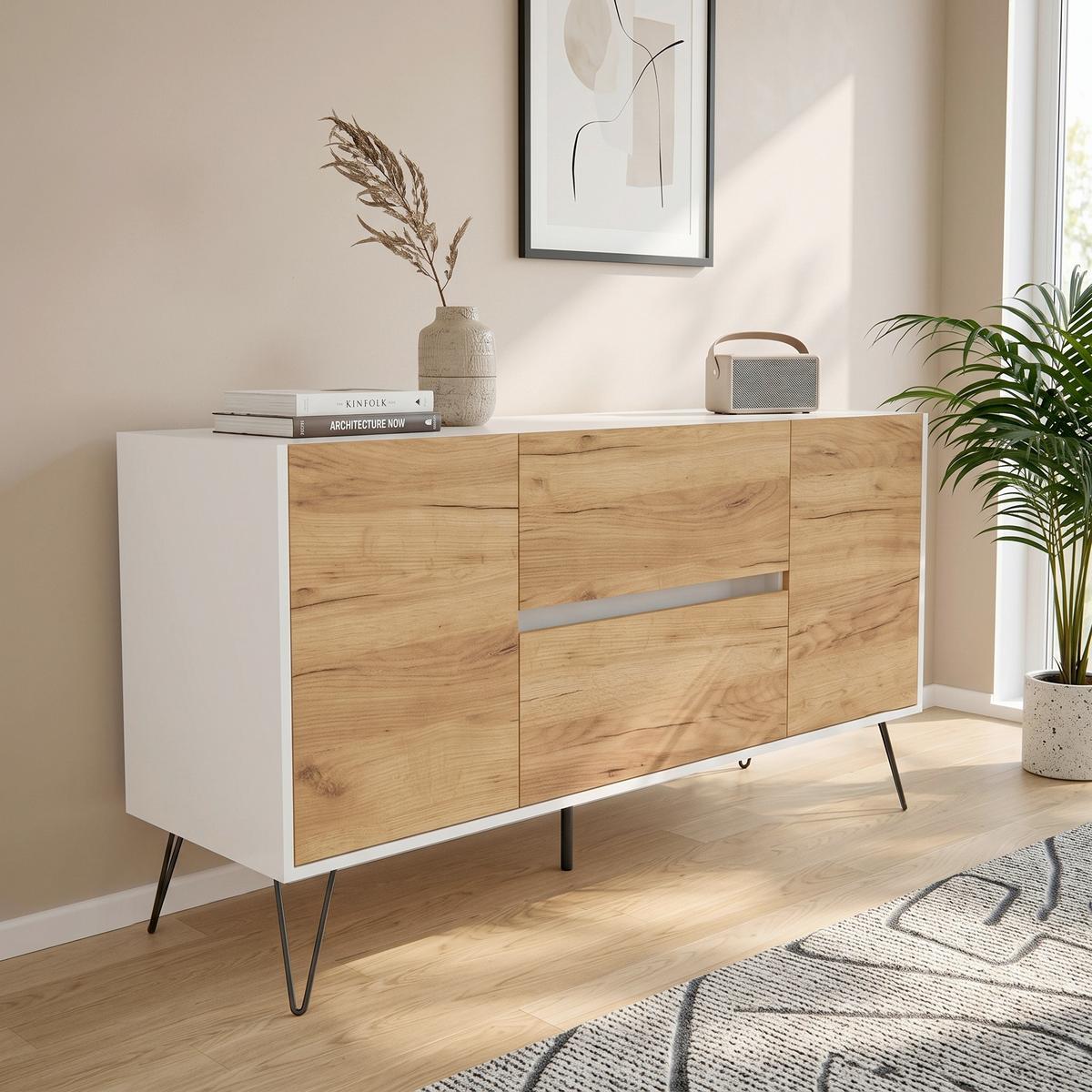Sideboard Posseik Industrial Weiß/Eichefarben B: 139 cm - Weiß Hochglanz/Eichefarben, Design, Holzwerkstoff (139/75,8/42cm) - MID.YOU