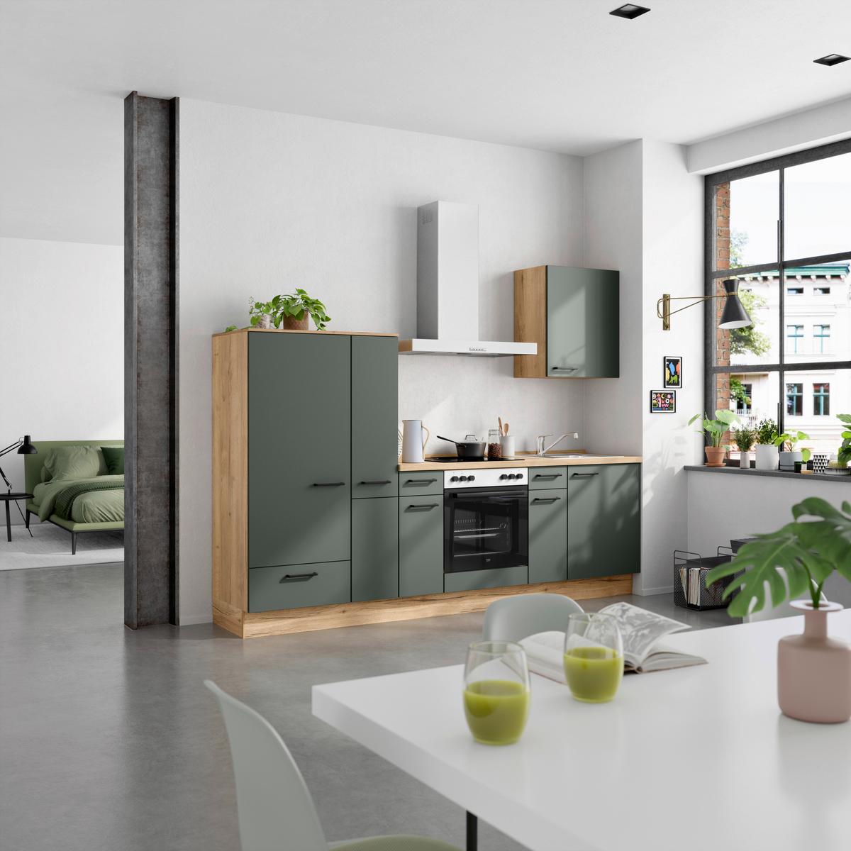Küchenleerblock Easytouch Low-Line, L3 Links - Dunkelgrün/Eichefarben, MODERN, Holzwerkstoff (270cm) - Nobilia