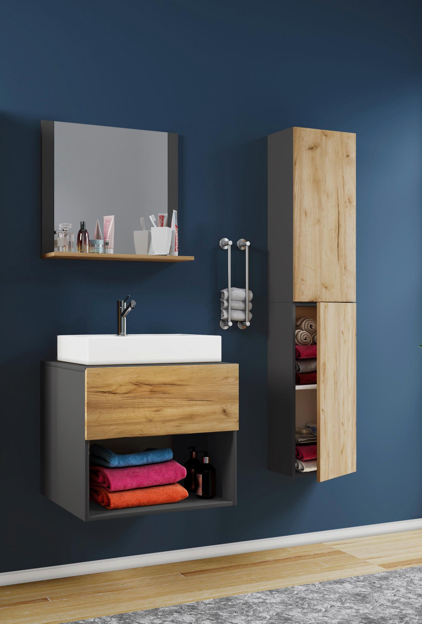 Badmöbel-Set 4-Tlg. Lendas B: 60 cm Anthrazit/Eiche Dekor - Honigeiche/Anthrazit, MODERN, Keramik/Holzwerkstoff (94cm) - MID.YOU