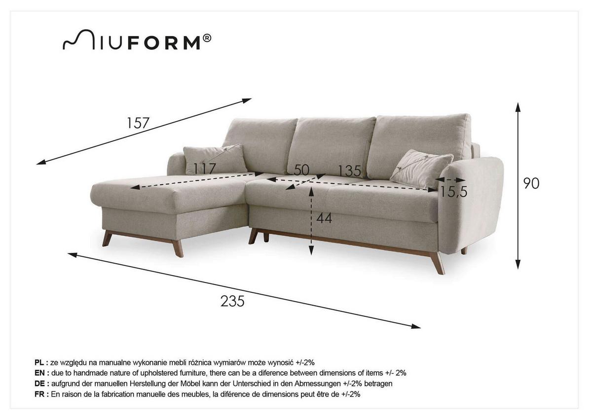 Sedačka LUCILE S, levá, tyrkysová, úl.prostor a lůžko - přírodní barvy/tyrkysová, dřevo/textil (157/235cm) - MID.YOU