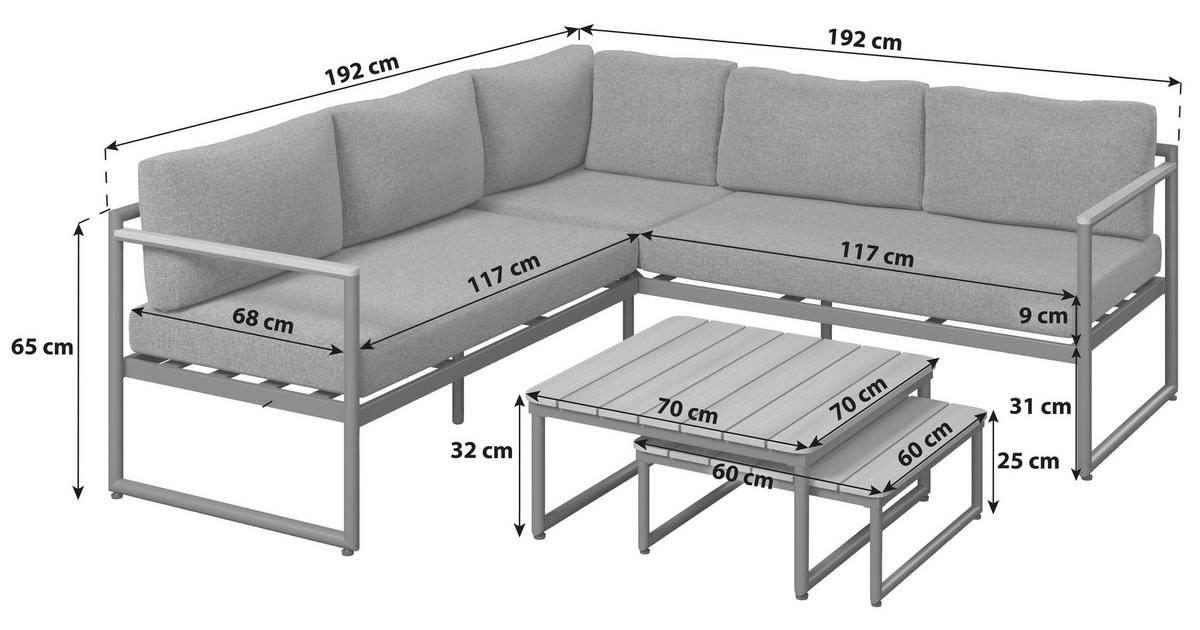 Loungegarnitur Tokio Metall/Kunststoff UV-Beständig - Dunkelgrau/Naturfarben, MODERN, Kunststoff/Textil (192/192cm) - Beldano
