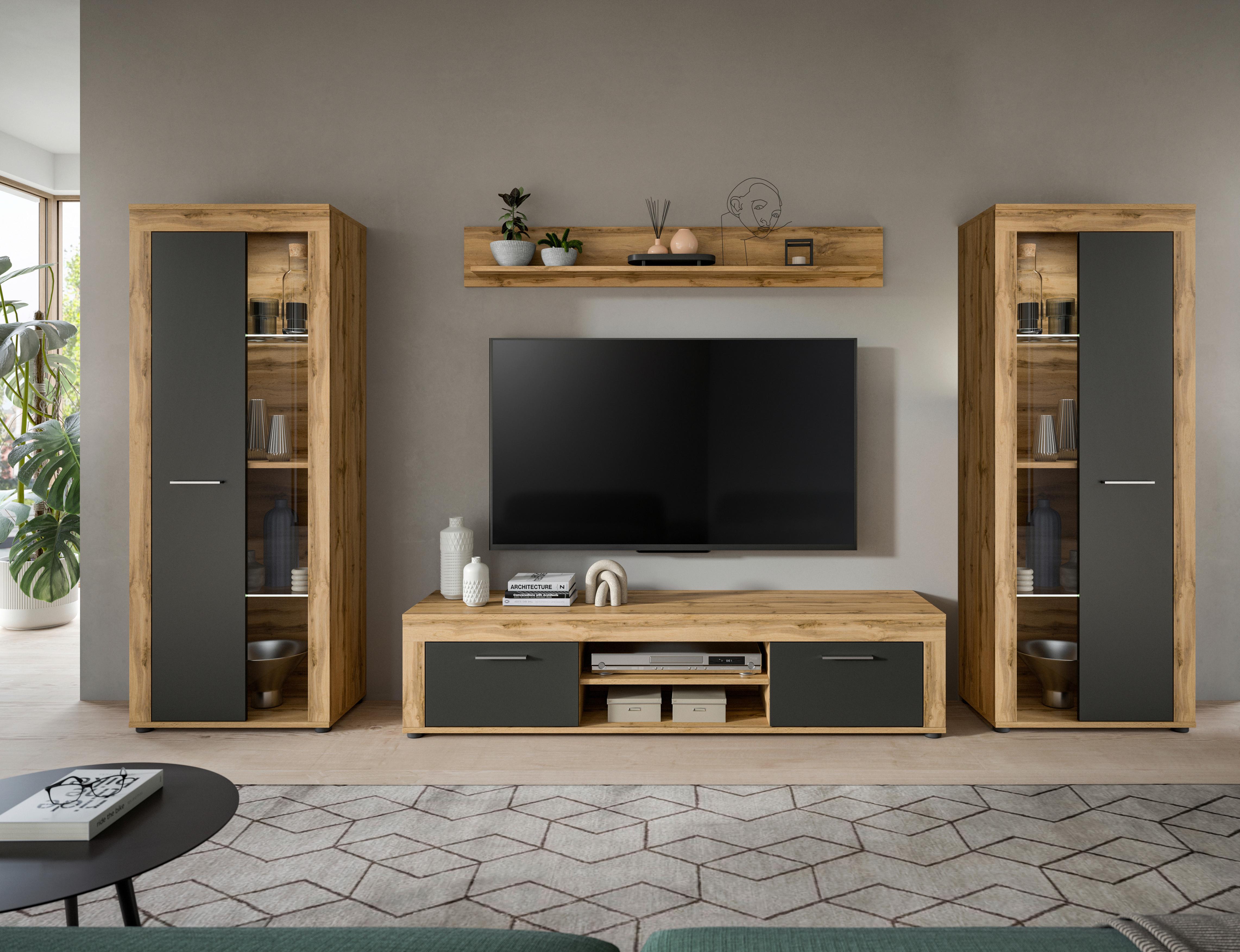 Wohnwand Jam Eiche Wotan Dekor B: 310cm - Eiche Wotan/Schwarz, Design, Glas/Holzwerkstoff (310/159/35cm) - MID.YOU