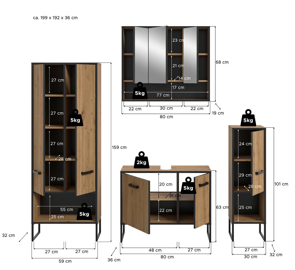 Badezimmer Bagno Schwarz /Eiche Artisan Dekor B: 169cm - Schwarz/Eiche Artisan, Trend, Glas/Holzwerkstoff (169cm) - MID.YOU