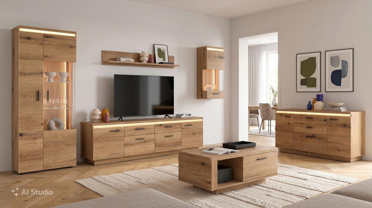 TV-ELEMENT Molina Eiche Dekor B: 210cm - Eichefarben/Schwarz, Basics, Holzwerkstoff (210/64,4/44,6cm)
