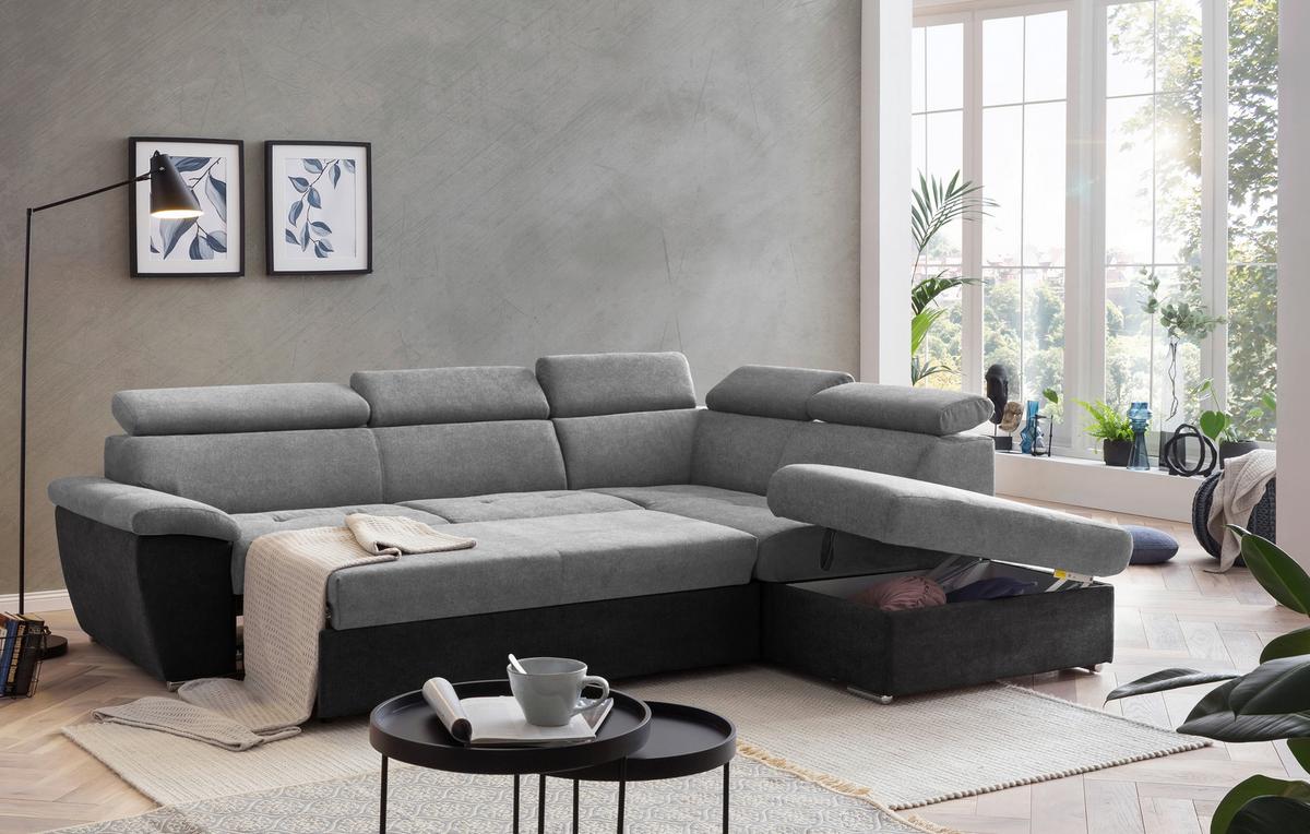 Ecksofa Mit Bettkasten Antero Kopfteile Verstellbar Grau - Chromfarben/Schwarz, Design, Textil (262/216cm) - Livetastic