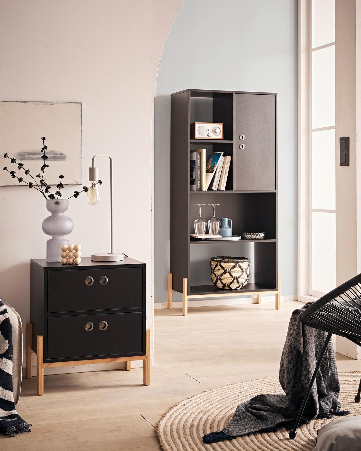 Kommode Schwarz B: 50cm - Schwarz/Naturfarben, Design, Holzwerkstoff (50/55/35cm) - Livetastic