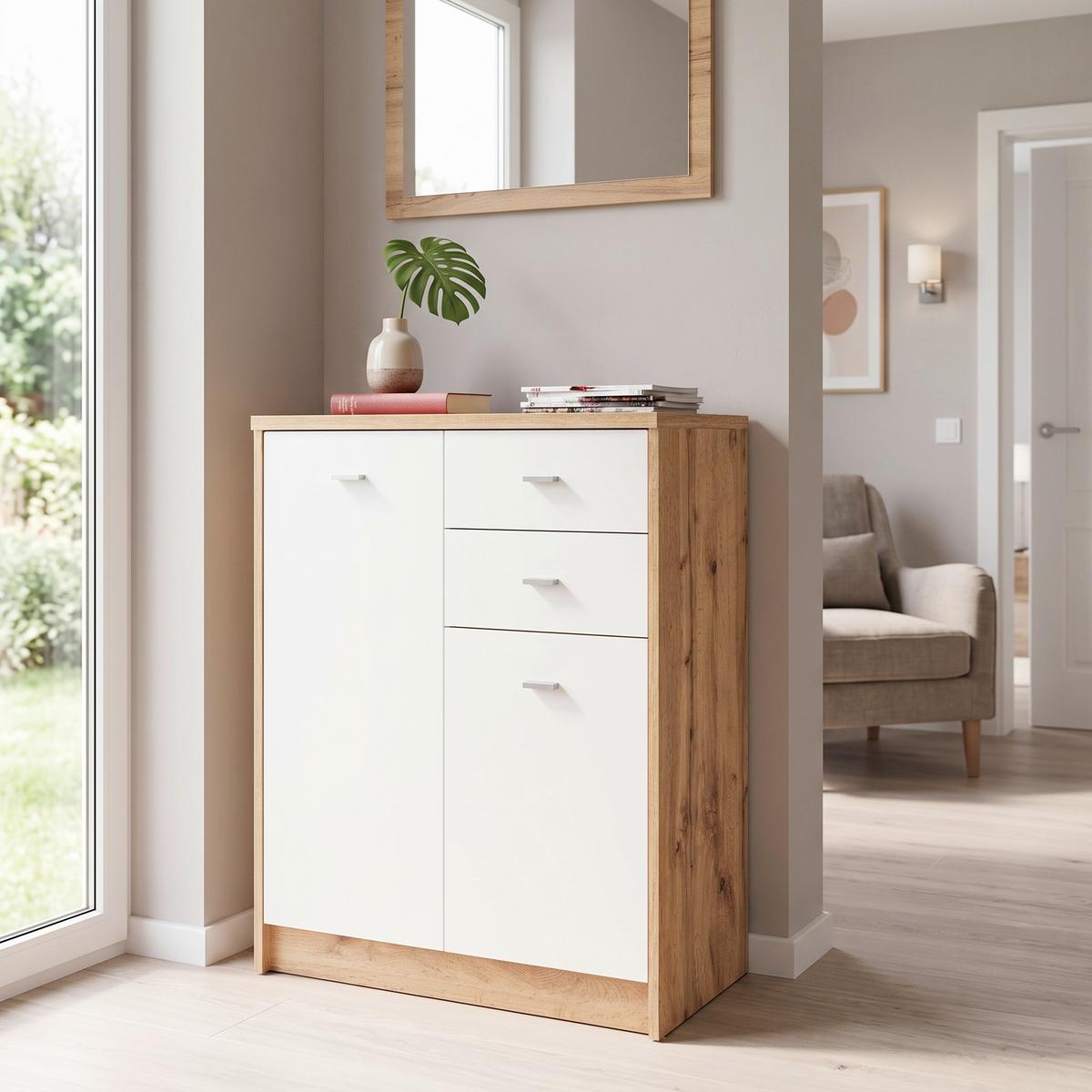 Kommode B 74cm 4-You New, Wotan Eiche Dekor/Weiß - Eichefarben/Schwarz, MODERN, Holzwerkstoff (74/85,4/34,6cm)