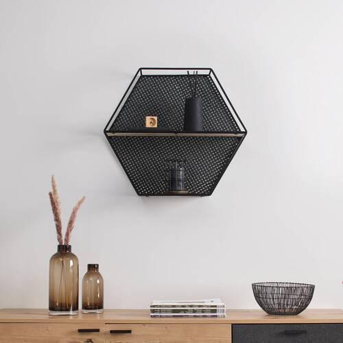 Nástenný regál LELIA - čierna/prírodná farba, Modern, kov/drevo (60/53/16cm) - Bessagi Home