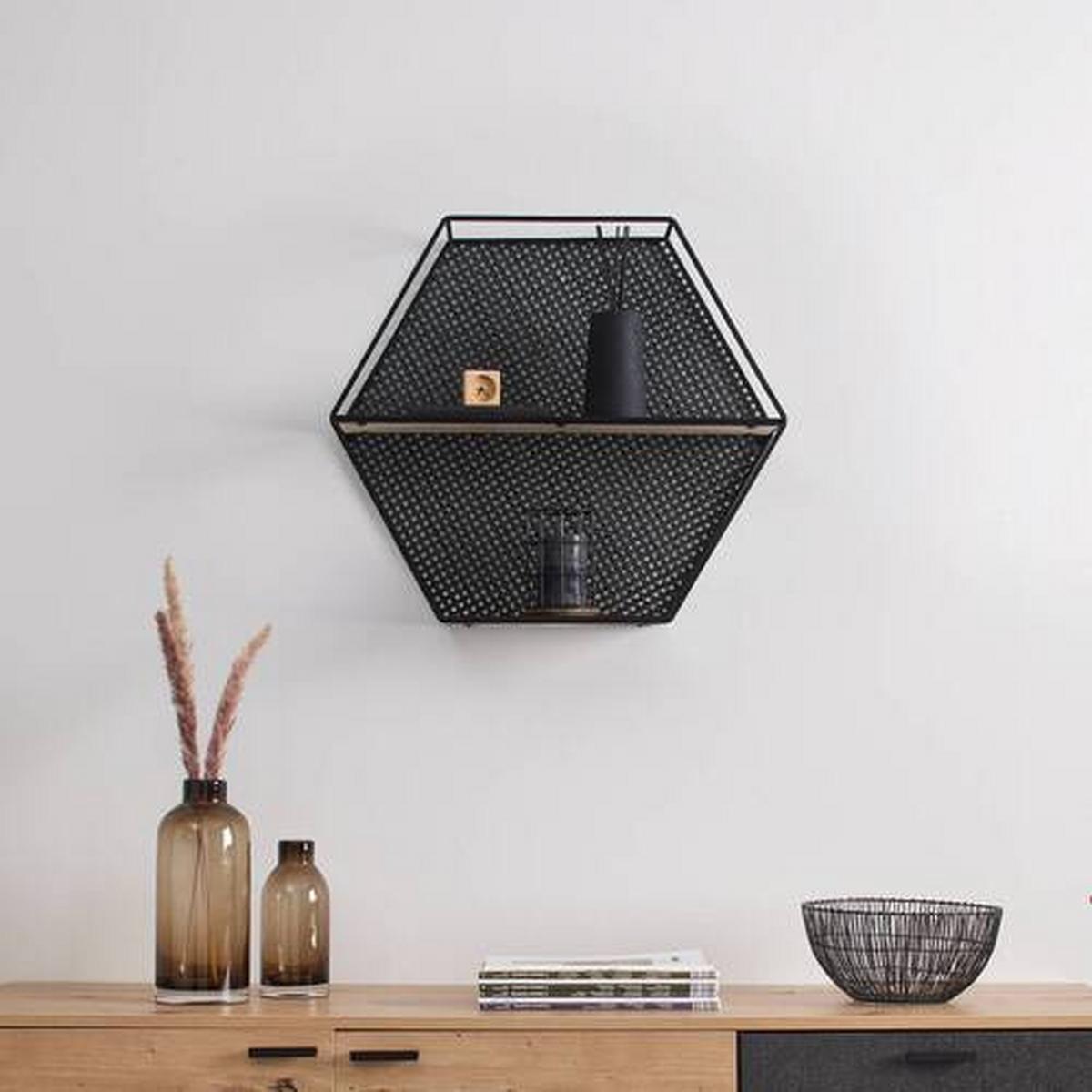 Nástěnný regál LELIA - černá/přírodní barvy, Moderní, kov/dřevo (60/53/16cm) - Bessagi Home