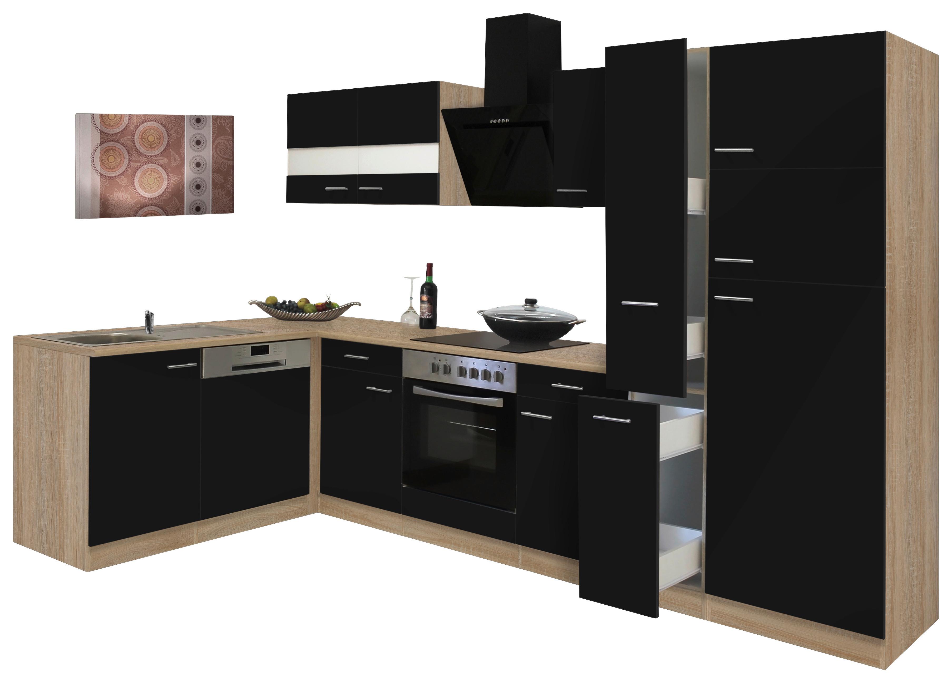 Eckküche Economy mit Geräten 172x310 cm Schwarz/Eiche Dekor - Eichefarben/Schwarz, Basics, Glas/Holzwerkstoff (172/310cm) - Respekta