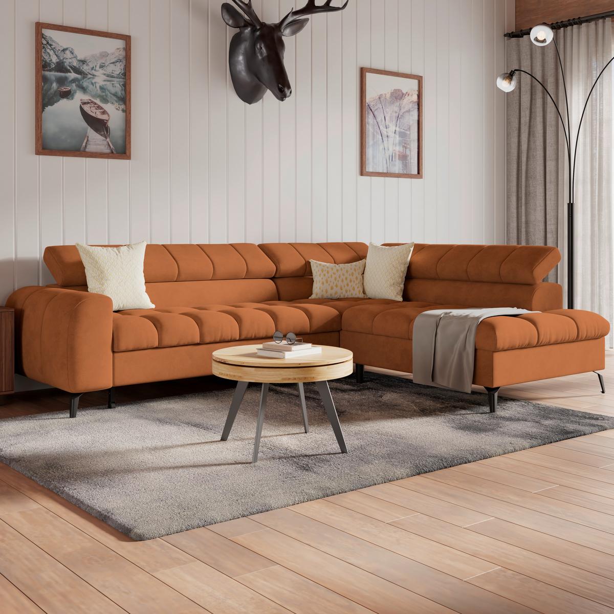 Ecksofa Volf rechts new rostfarben, S: 261x203 cm - Rostfarben/Schwarz, Trend, Kunststoff/Textil (261/203cm)