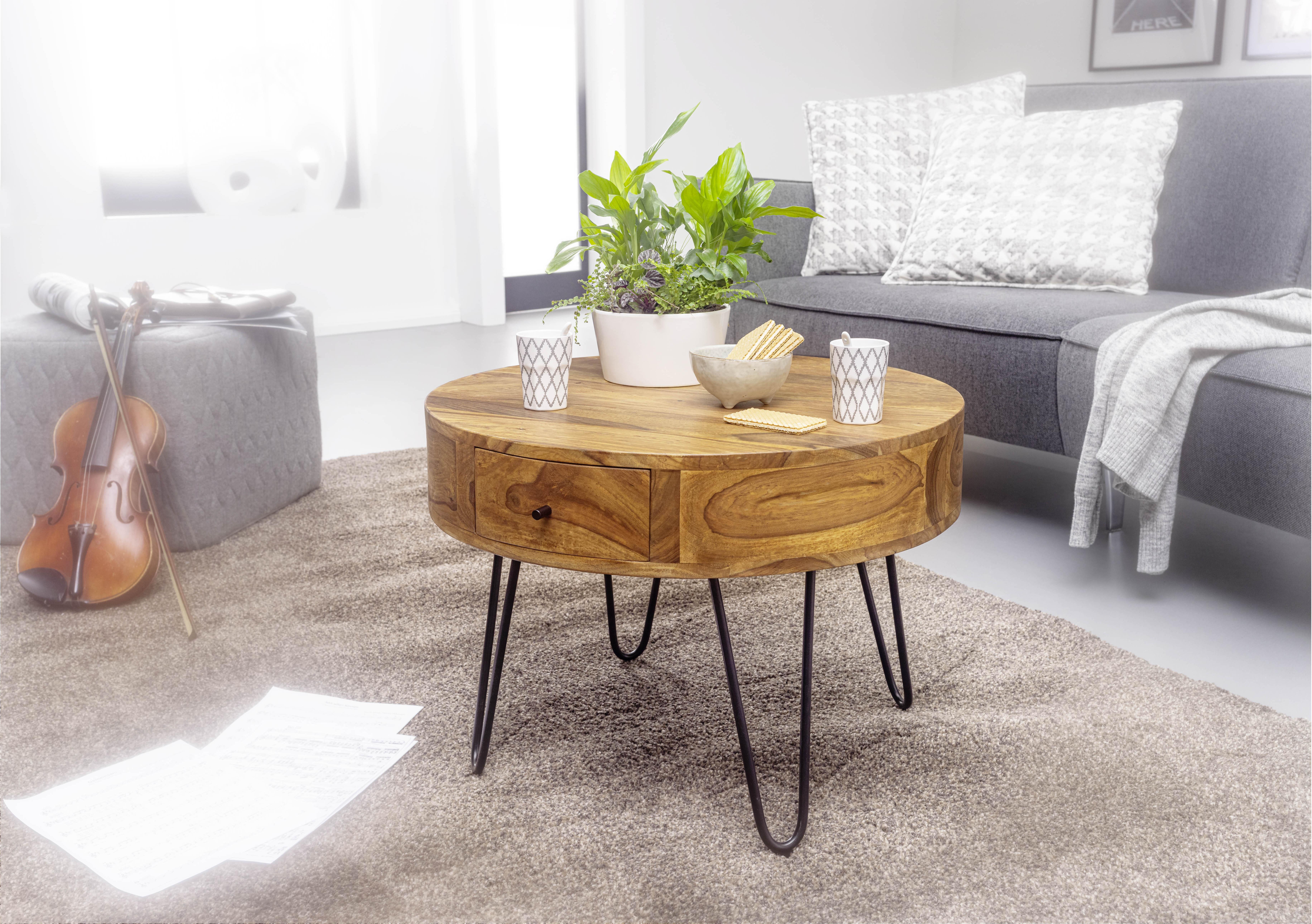 Couchtisch Holz mit Laden Sheesham Massiv - Sheeshamfarben/Schwarz, MODERN, Holz/Metall (60/60/44,5cm) - MID.YOU
