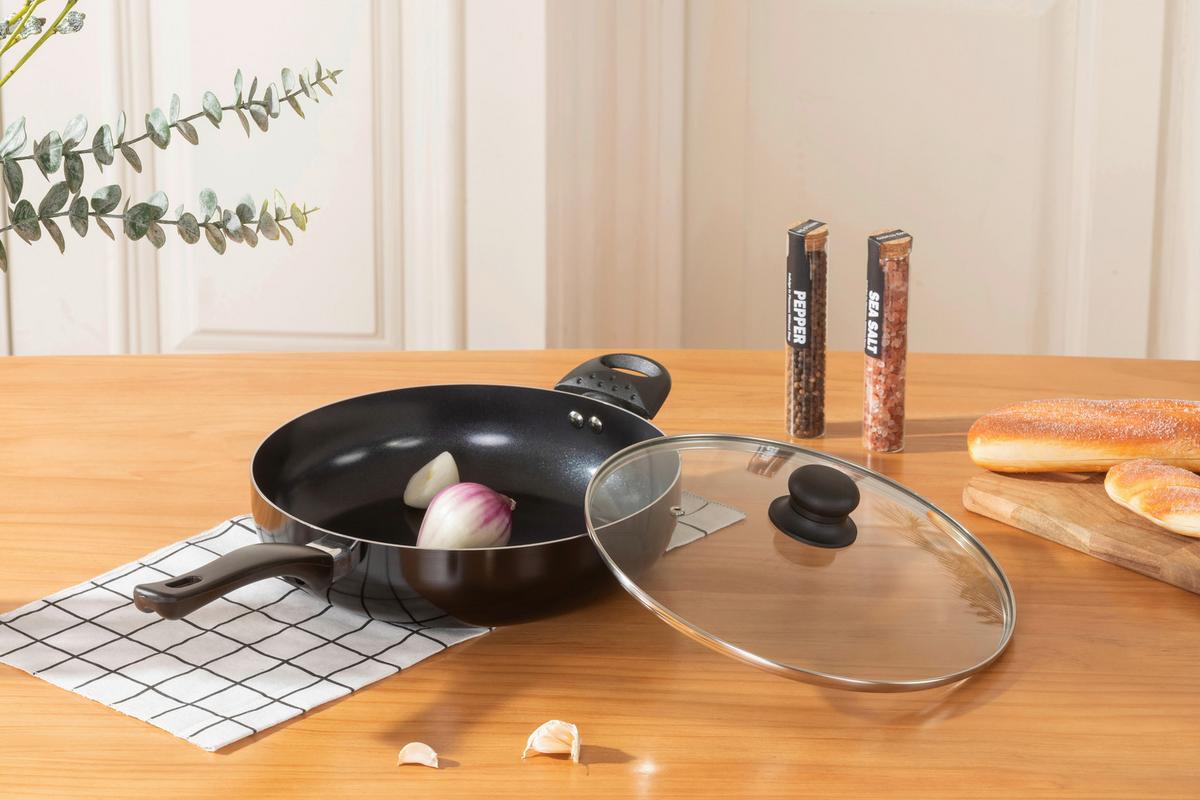 Bratpfanne Marina DxH: ca. 28x7 cm Aluminium mit Deckel - Klar/Schwarz, KONVENTIONELL, Glas/Kunststoff (28/7cm) - Luca Bessoni