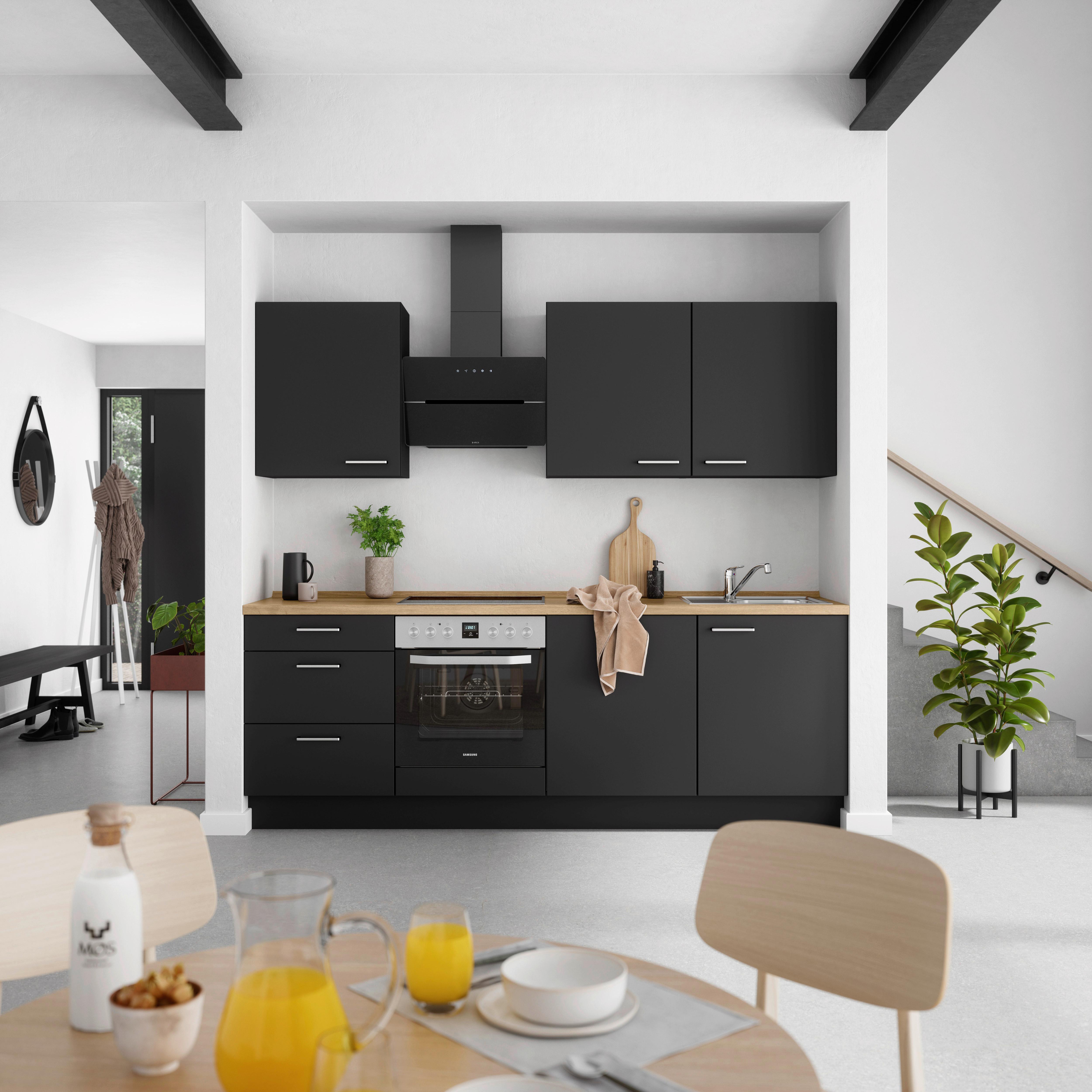 Kuchyňská linka 240 cm, černá matná/ barva dub - černá/barvy dubu, Moderní, kov/kompozitní dřevo (240cm) - Nobilia