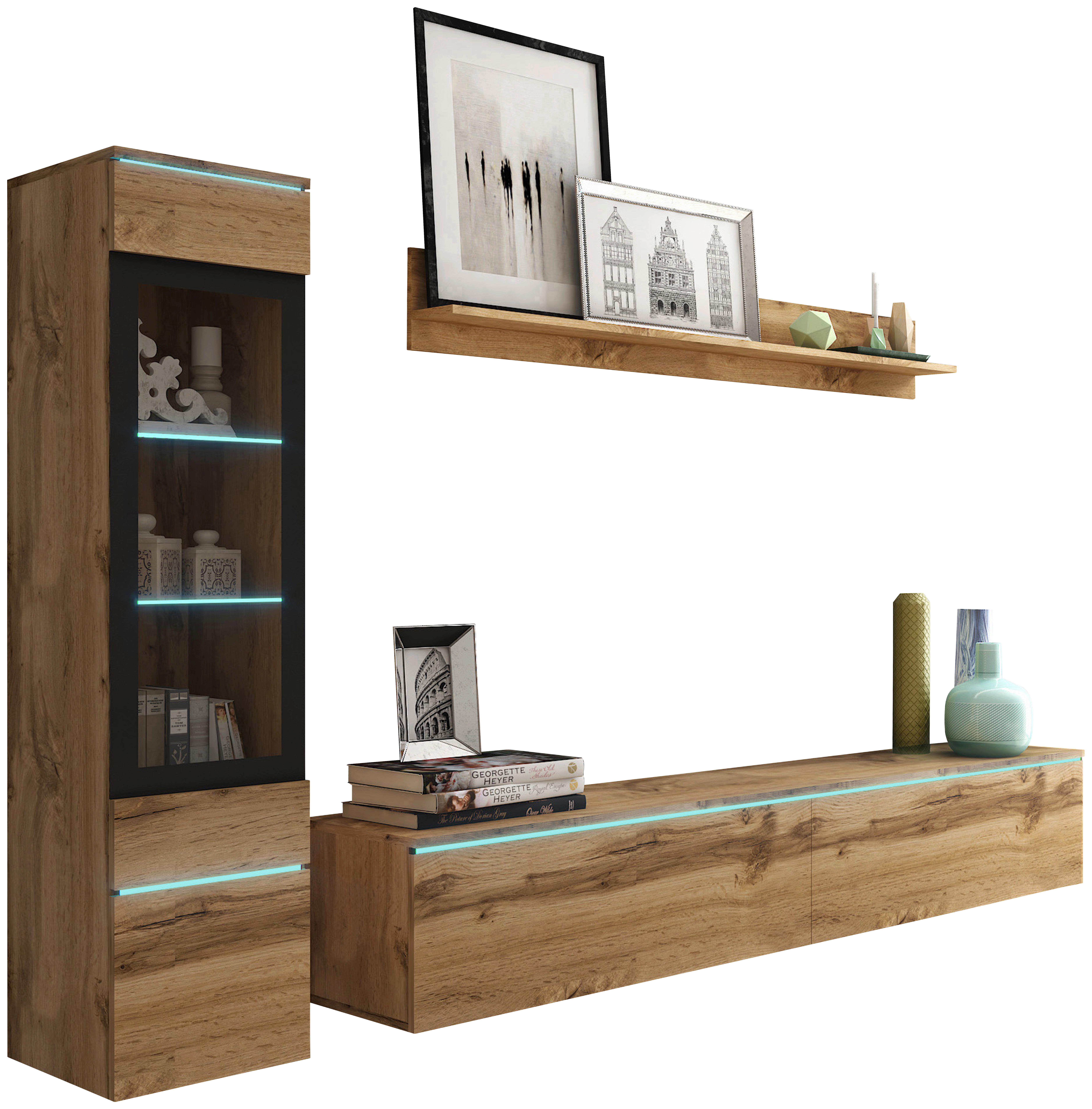 Wohnkombination 3-tlg. Mit Led Vera Eiche Wotan Dekor - Eiche Wotan/Grau, LIFESTYLE, Glas/Holzwerkstoff (210/130/33cm) - P & B