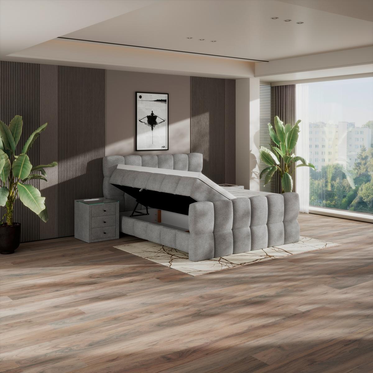 Boxspringbett Brisbane inkl. Bettkasten 200x200 - Hellgrau/Schwarz, Trend, Holz/Holzwerkstoff (200/200cm) - Sembella