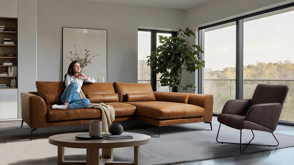 Ecksofa Berlin Cognac S: 313 cm - Cognac/Schwarz, Design, Leder (313/172cm) - Livetastic