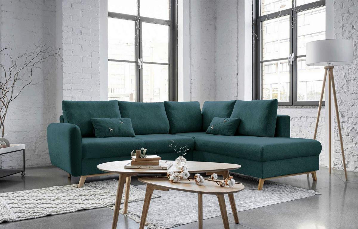 Sedačka LUCILE L, pravá, tyrkysová, úl.prostor a lůžko - přírodní barvy/tyrkysová, dřevo/textil (242/202cm) - MID.YOU