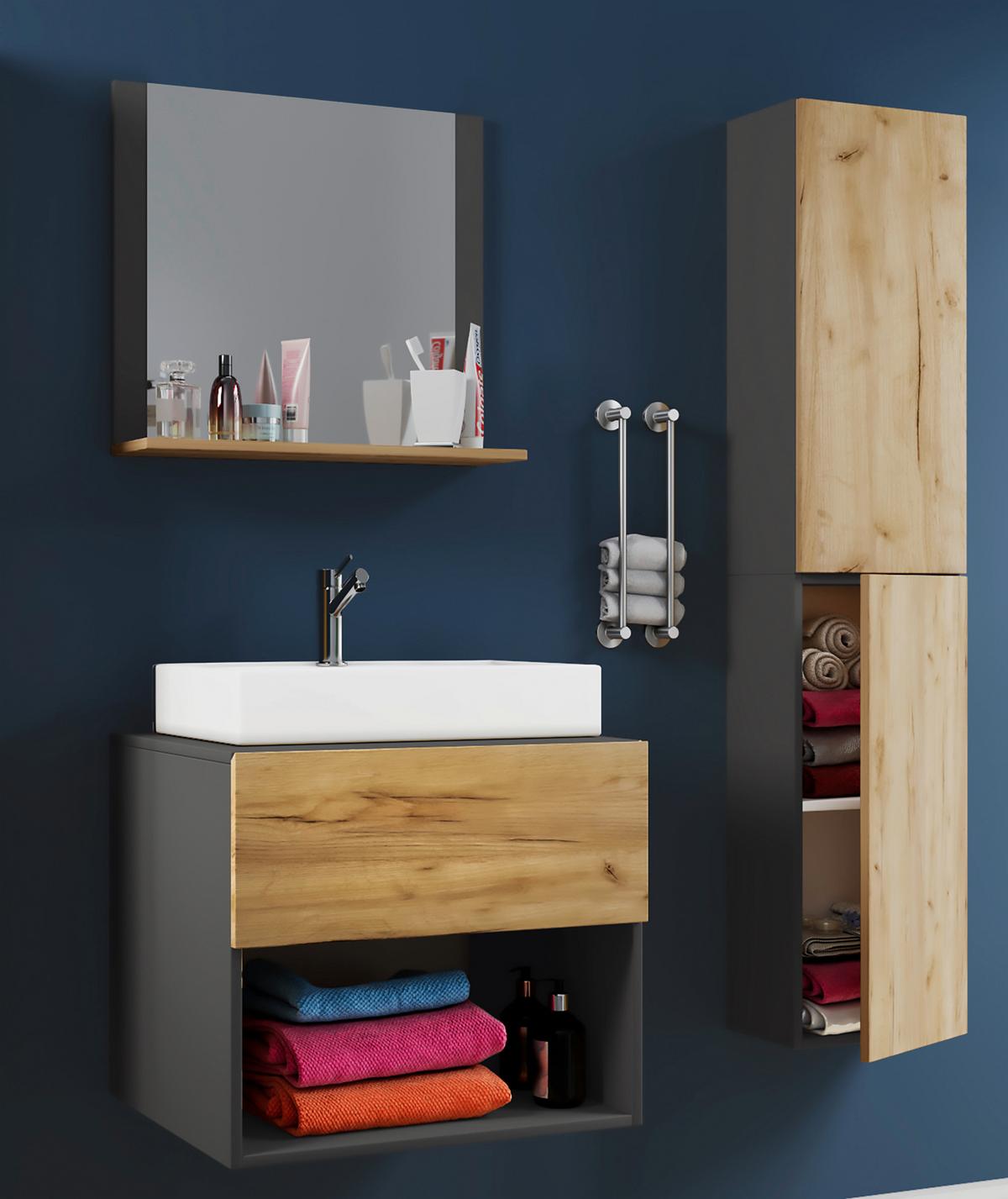 Badmöbel-set 4-tlg. Lendas B: 60 Cm Anthrazit/eiche Dekor - Honigeiche/Anthrazit, MODERN, Keramik/Holzwerkstoff (94cm) - MID.YOU