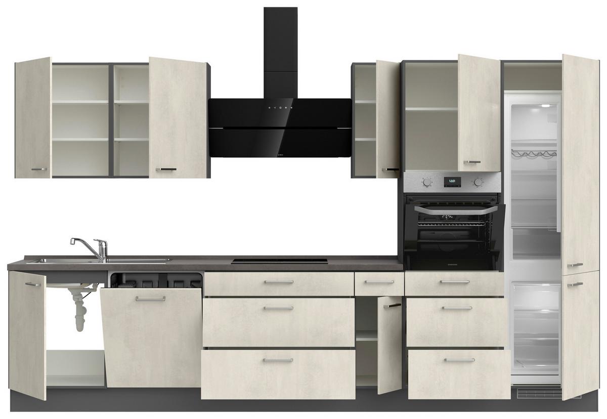 Kuchynská linka 360CM biely betón/ bridlicová šedá - biela/farba ušľachtilej ocele, Modern, kov/kompozitné drevo (360cm) - Nobilia