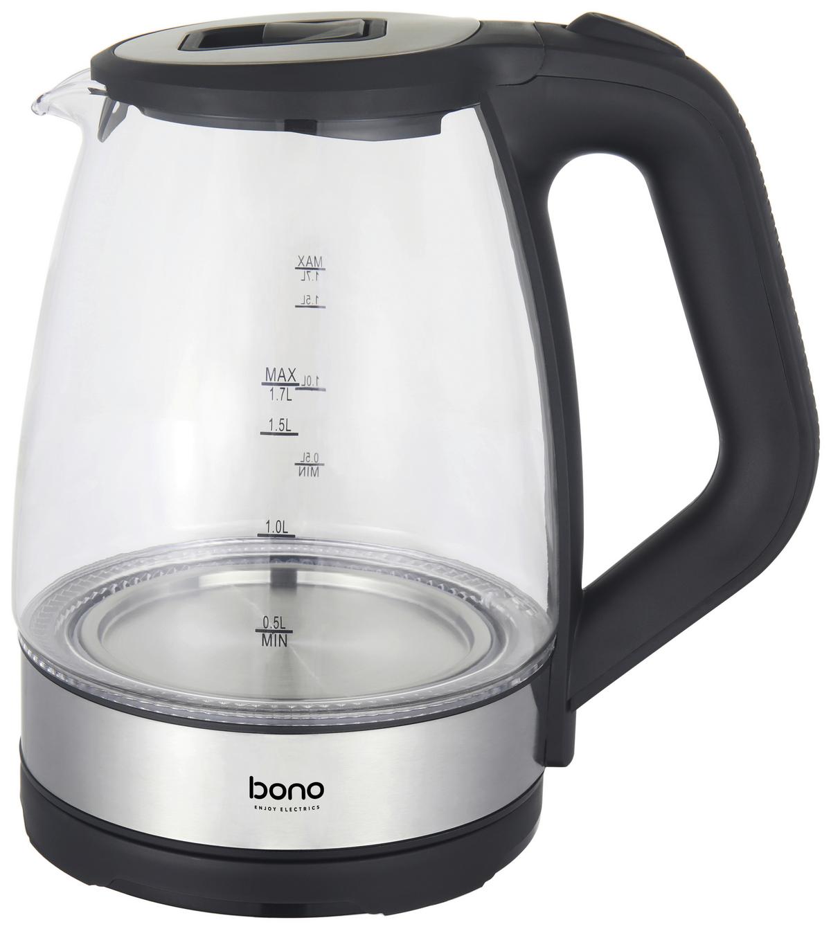 Wasserkocher Kate Klar/Schwarz Glas 1,7 Liter 2.200W - Klar/Edelstahlfarben, KONVENTIONELL, Glas/Kunststoff (21,2/23,4/15,7cm) - Bono