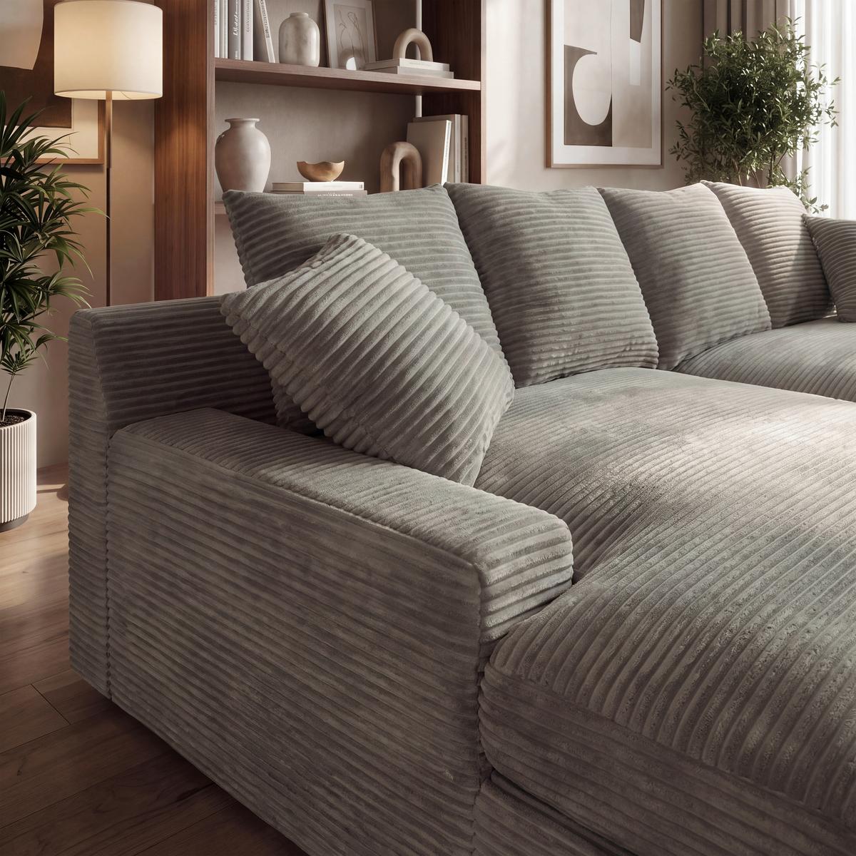 Velká pohovka ELEONORA, sv.šedý manšestr, max. 360 kg - černá/světle šedá, Moderní, dřevo/textil (250/97/168cm) - Bessagi Home