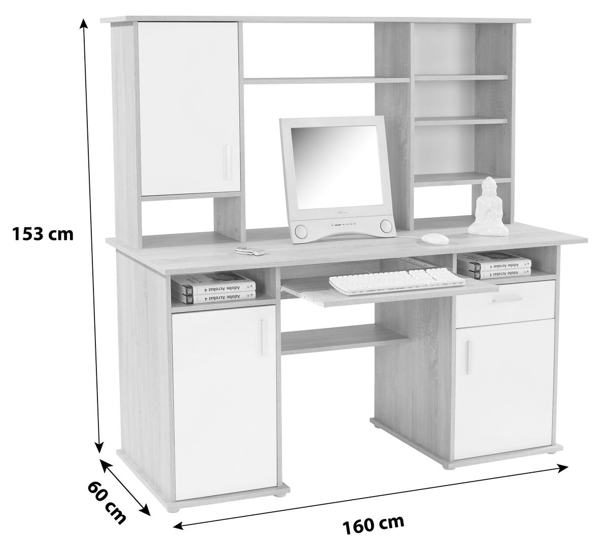 Schreibtisch Mit Stauraum + Tastaturauszug B 160cm Thema2 - Weiß/Sonoma Eiche, MODERN, Holzwerkstoff/Kunststoff (160/153,4cm)