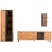 Wohnwand Assini Wildeiche B: 306 cm - Wildeiche/Schwarz, Design, Glas/Holz (306/206/50cm) - MID.YOU