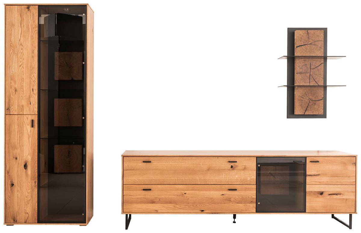 Wohnwand Assini Wildeiche B: 306 cm - Wildeiche/Schwarz, Design, Glas/Holz (306/206/50cm) - MID.YOU