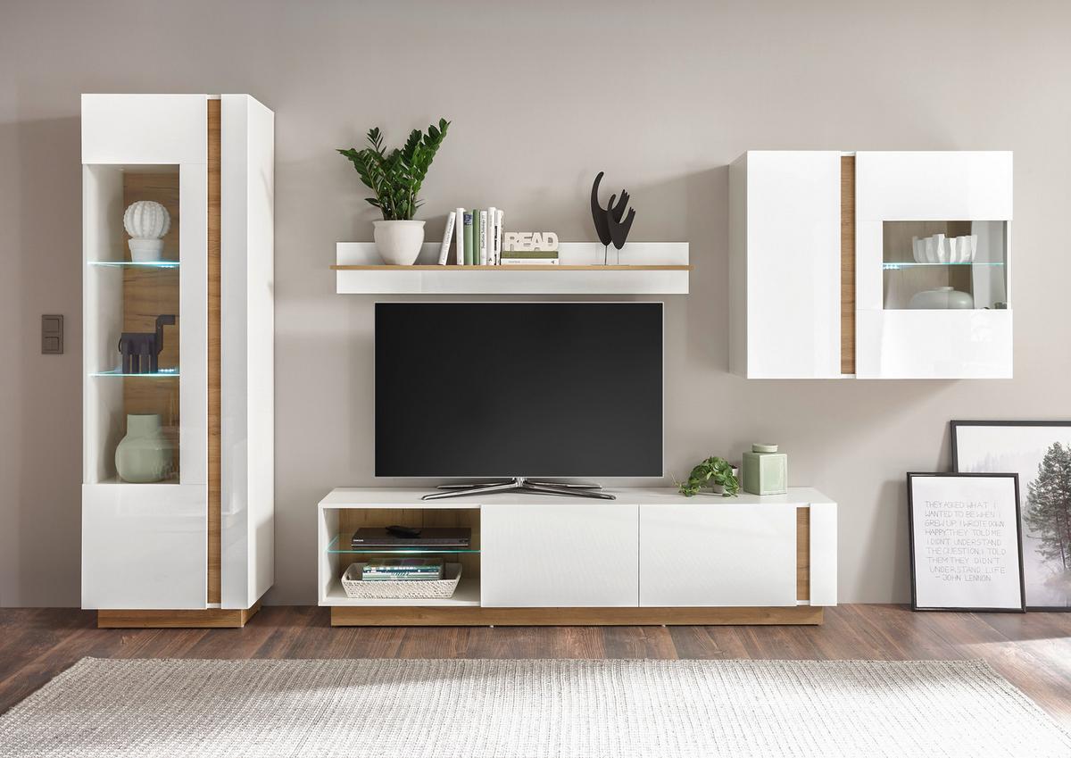 Wohnwand Clair Weiß/Eichefarben B: 315cm - Eichefarben/Weiß, Design, Glas/Holzwerkstoff (315/194/40cm) - MID.YOU