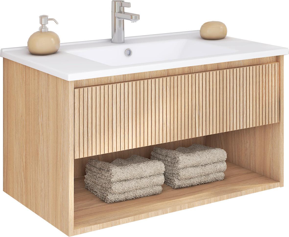 Waschtischkombi Andora Eichenfarben B: 80 cm - Eichefarben/Weiß, MODERN, Keramik/Holzwerkstoff (80/50/46cm)