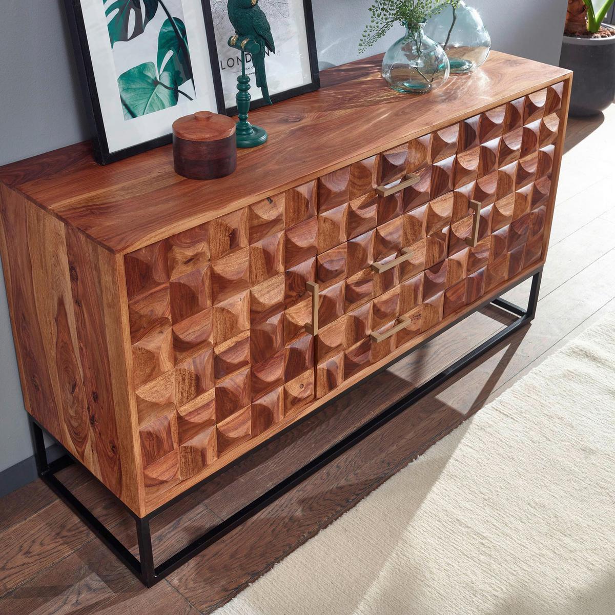 Sideboard Sheesham Sheeshamfarben B: 145 Cm - Sheeshamfarben/Schwarz, Design, Holz (145/81/45cm) - MID.YOU