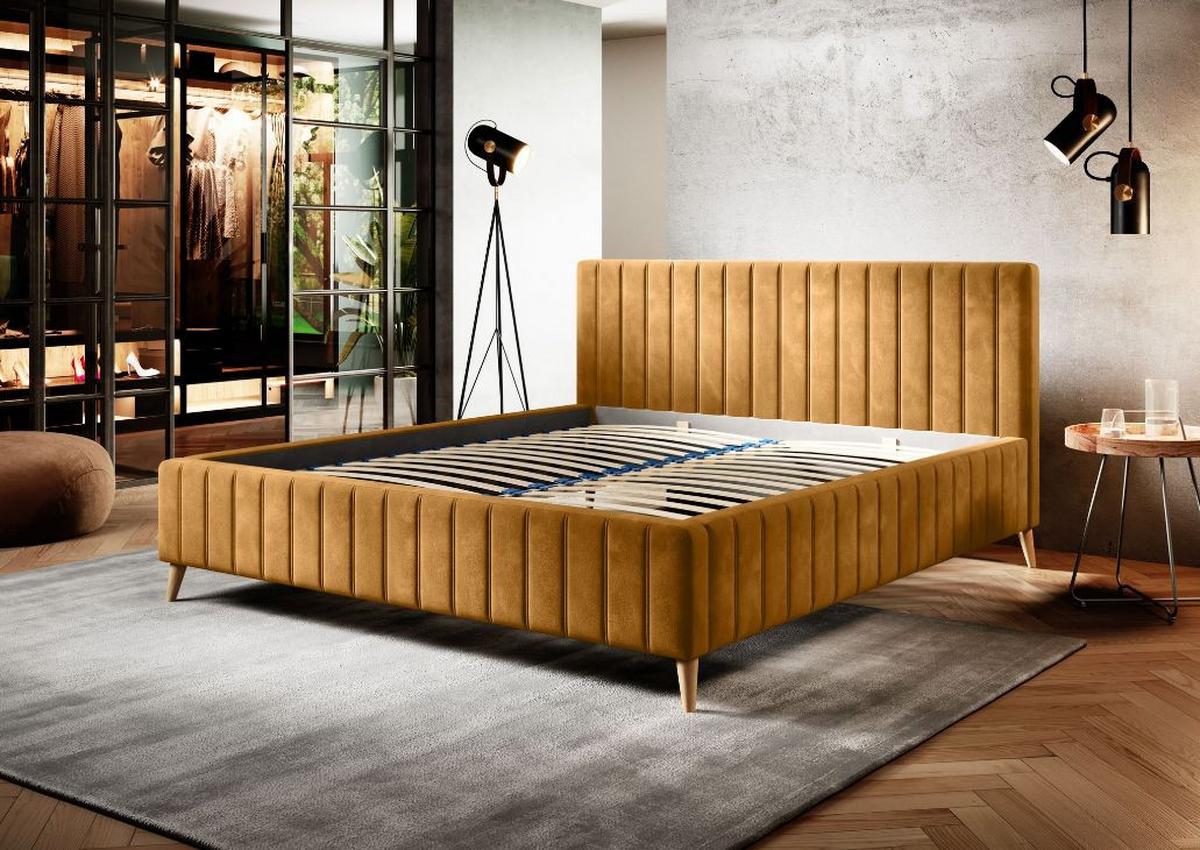 Postel s roštem Tamina, 160x200, kari žlutá - curry žlutá/přírodní barvy, Design, dřevo/textil (160/200cm)