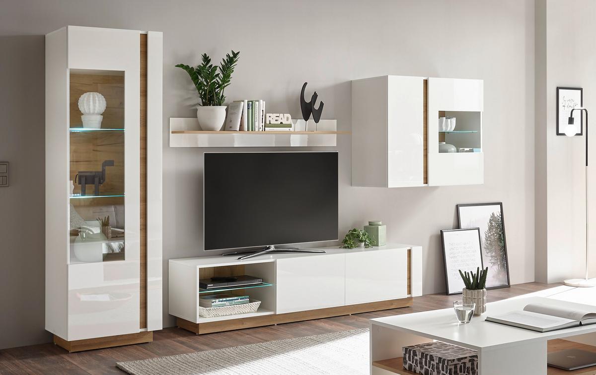 Wohnwand Clair Weiß/Eichefarben B: 315cm - Eichefarben/Weiß, Design, Glas/Holzwerkstoff (315/194/40cm) - MID.YOU