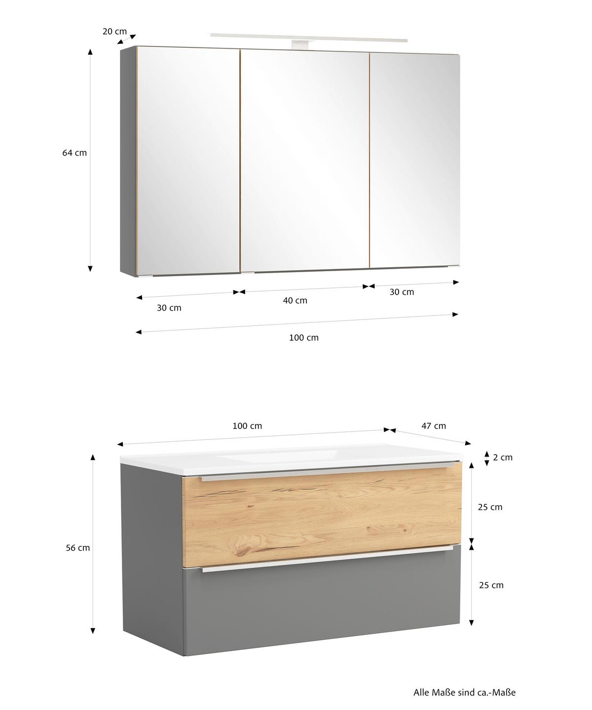 Badezimmer Verona Grau/Wildeiche 2-teilig - Wildeiche/Weiß, Trend, Glas/Holzwerkstoff (100/200/47cm) - Held