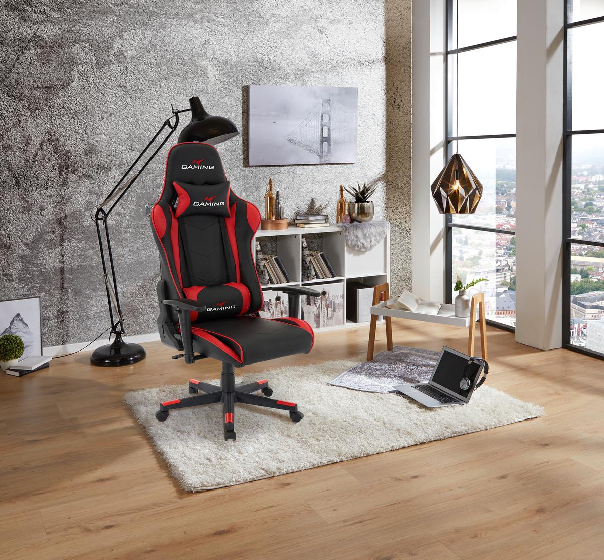 Gaming Stuhl Genf M. Armlehnen + Stützkissen Schwarz/rot - Rot/Schwarz, MODERN, Kunststoff/Textil (70/137/57cm)