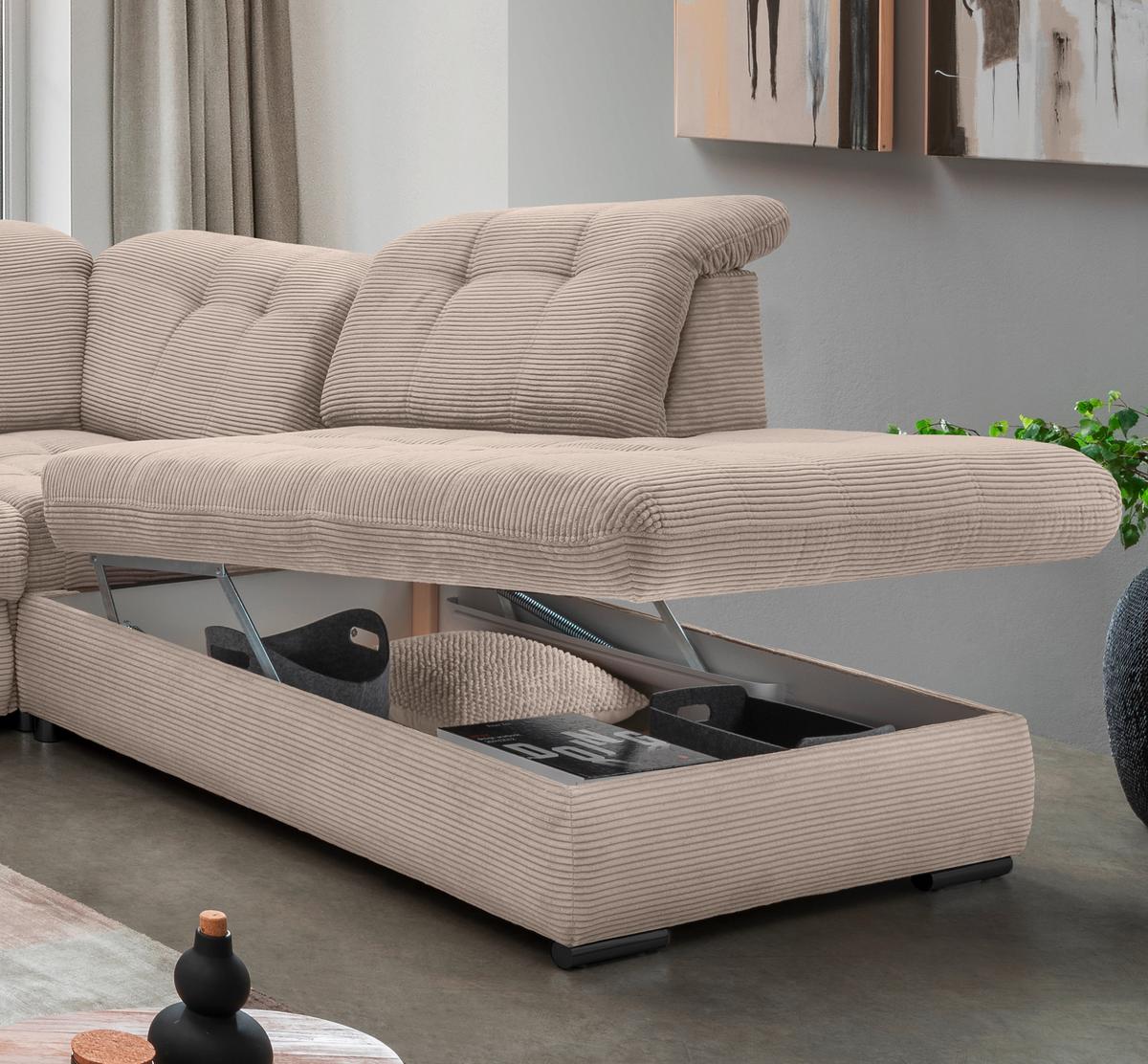 Wohnlandschaft Mit Bettkasten Rigatti Beige B: 387 Cm - Beige/Schwarz, MODERN, Textil (184/387/252cm) - Livetastic